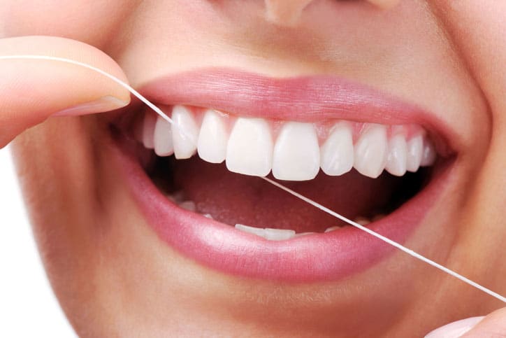 Beautiful smiling model with dental floss